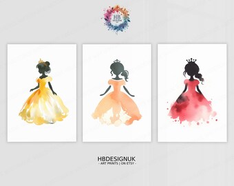 Prinsessor Barnrumstavlor - Set med 3 posters | Prinsessatryck för barn | Väggkonst för flickrum | Sovrumsinredning | Konstverk för lekrum | Babypresenter