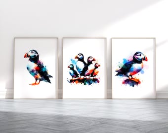Puffin Print Set - 3 Watercolour Prints | Puffins Painting | Present Picture | Animal Wall Art | Bird Gifts | Home Bedroom Decor Artwork