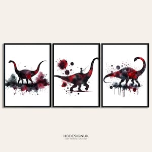 Kids Dinosaur Posters - Set of 3 Watercolour Wall Prints | Brachiosaurus Paintings Wall Art | Boys Room Gifts | Artwork Decor | Dinosaur Art