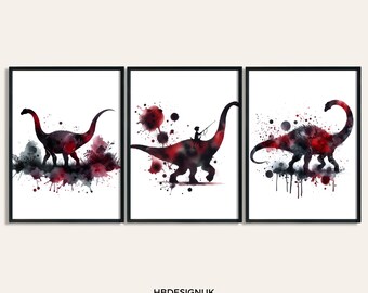 Kids Dinosaur Posters - Set of 3 Watercolour Wall Prints | Brachiosaurus Paintings Wall Art | Boys Room Gifts | Artwork Decor | Dinosaur Art