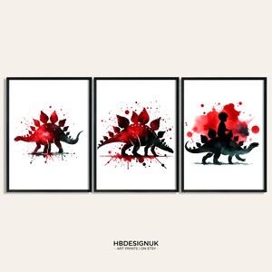Dinosaur Wall Art Prints - Set of 3 Watercolour Blue Wall Posters | Stegosaurus Paintings | Boys Room Gifts | Artwork Decor | Dinosaur Art