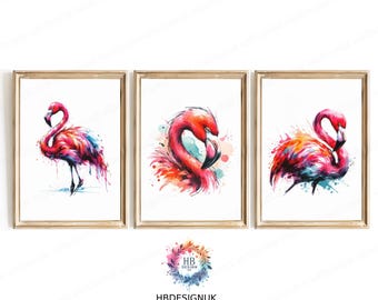 Vibrant Flamingo Prints - Set of 3 Designs | Flamingos Wall Art Print | Beach House Prints | Colourful Pink Modern Artwork Posters