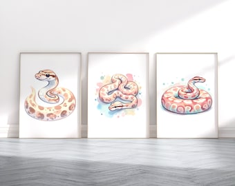 Ball Python Snake Prints - Set of 3 Posters | Watercolour Snakes Paintings | Kids Watercolor Wall Art Decor | Reptile Bedroom Wall Art