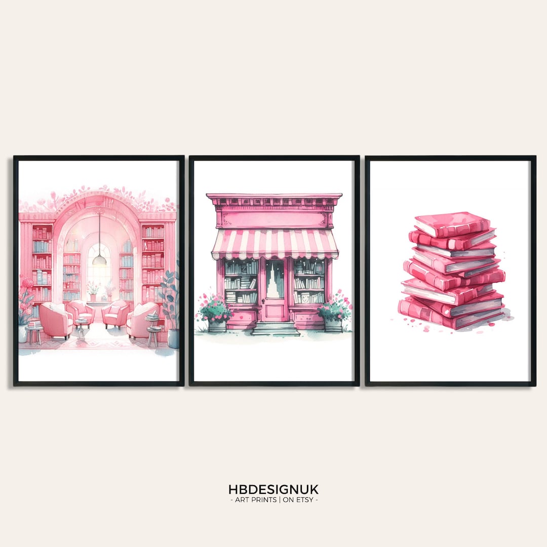 Pink Reading Print Set - Set of 3 Posters | Watercolour Book Design ...