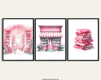 Pink Reading Print Set - Set of 3 Posters | Watercolour Book Design | Home Library Decor | Bedroom Wall Art |  Books Lover | Bookish Gift