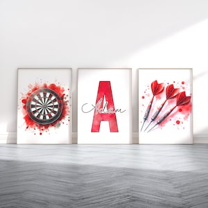 Red Darts Print Set - 3 Personalised Dart Posters | Sport Player Gift | Dartboard Prints | Boys Bedroom Gifts | Kids Gaming Room Artwork