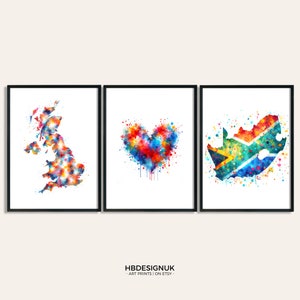 Reino Unido a Sudáfrica - Póster de mapa personalizado / Mapas de arte de pared / Decoración de habitación personalizada / Impresión de Gran Bretaña / Diseño de acuarela de viaje / Obras de arte