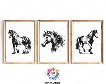 Watercolour Horse Wall Art - Set of 3 Posters | Pony Prints | Girl Room Prints | Girls Bedroom Decor | Minimal Artwork | Black and White