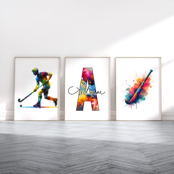 Feldhockey Print-Set - 3 individuelle Hockey Poster | Jungen Schlafzimmer Dekor | Personalisiertes Poster | Raum Kunstwerk Druck | Sport Wand Kunst Geschenk