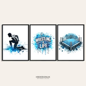 Wrestling Art Designs - Set of 3 Wrestler Prints | Boys Bedroom Decor Posters | Wrestling Gifts Kids | Artwork | Wall Art Pictures Gift