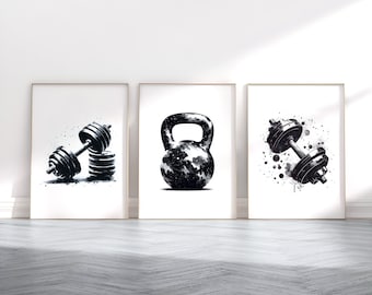 Gym Wall Art Set - 3 Gym Prints | Watercolour Design | Dumbbell Poster | Fitness Pictures | Kettlebell Home Gym Artwork | Weightlifting Gift