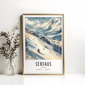 Stampa poster Serfaus - Arte alpina con acquerello / Arte murale da viaggio / Regali per lo sci / Decorazione delle Alpi austriache / Resort / Regalo per lo snowboard