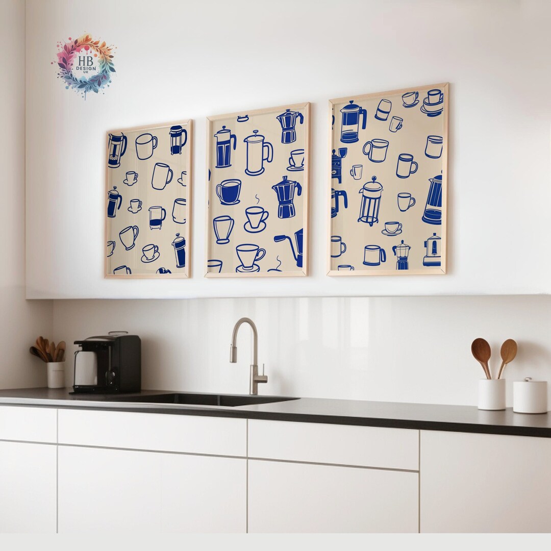 Coffee Shop Prints Set of 3 Navy Kitchen Wall Prints Retro Decor