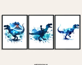 T レックス恐竜プリントポスター - 水彩ブルーウォールプリント 3 枚セット | ティラノサウルスの絵画 | 男の子へのギフト | アート作品の装飾 | 恐竜アート