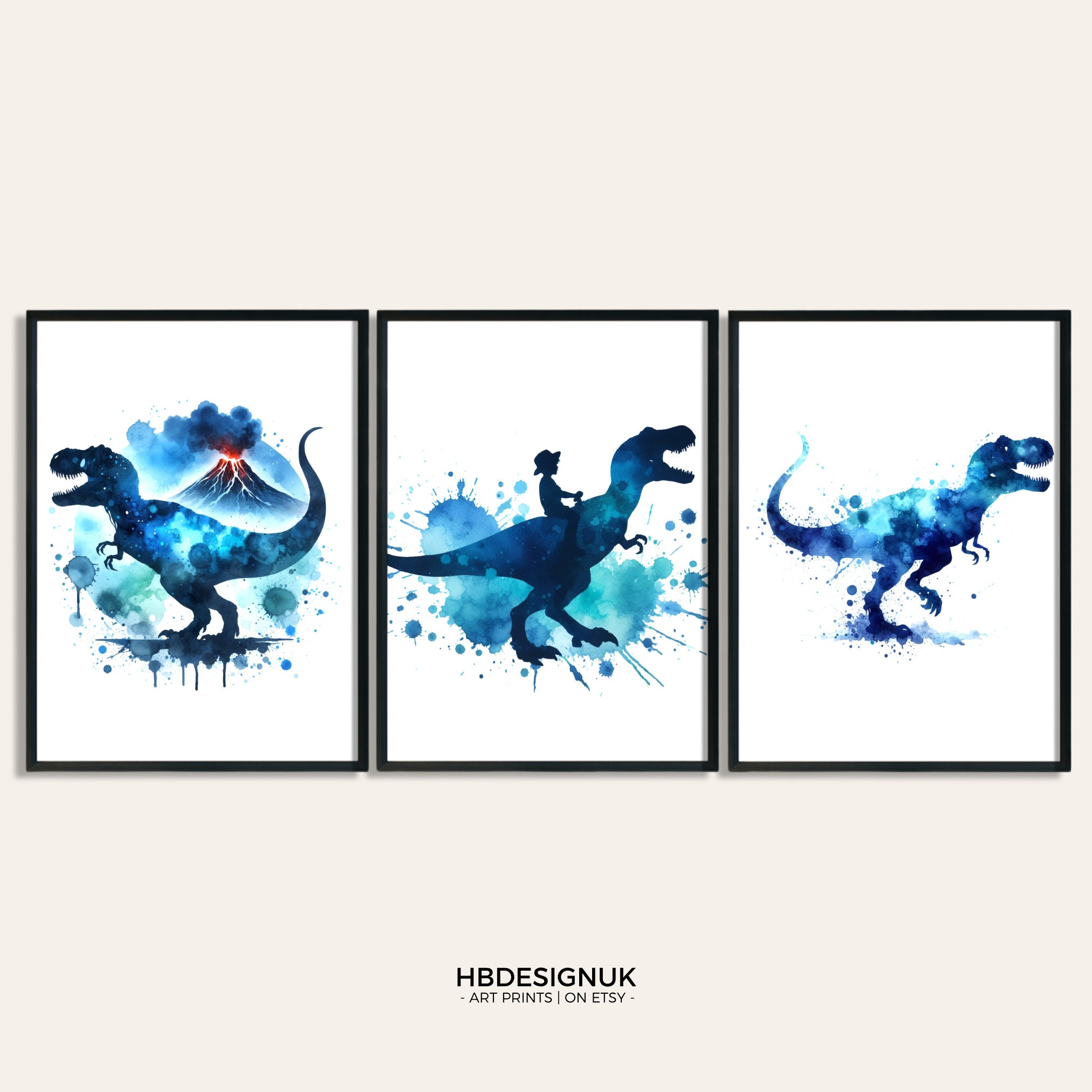 Poster imprimé dinosaure T Rex - Lot de 3 impressions murales bleues aquarelle | Peintures de tyrannosaure | Cadeaux garçon | Décoration artistique | Art de dinosaure
