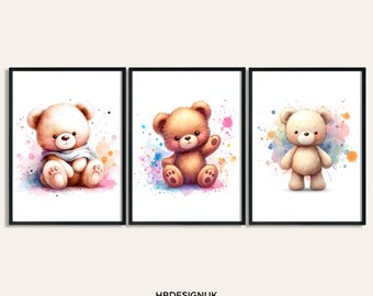 Kids Teddy Bear Poster Set - Set of 3 Prints | Bedroom Decor for Childs Room | Boys and Girls Nursery Wall Art | Watercolour Print