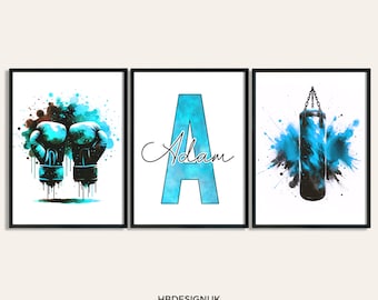 Personalised Boxing Decor - Set of 3 Light Blue Prints | Boys Girls Bedroom Wall Art | Custom Poster | Home Room Decor | Posters Print