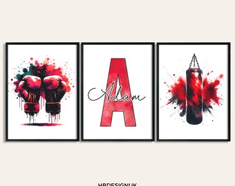 Boxing Poster Set - 3 Red Kids Prints | Boys Girls Bedroom Decor | Personalised Poster | Home Room Decor | Custom Wall Art Print Posters