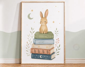 Reading Bunny Nursery Print - Kids Playroom Book Lover Wall Art, Playroom Decor