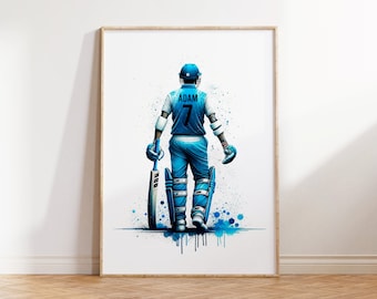 Blue Boys Cricket Poster - Arte murale personalizzata del giocatore di cricket / Poster con stampa personalizzata / Ragazzo presente / Camera dei bambini / Arredamento del giocatore / Regalo di opere d'arte