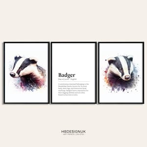 Badger Poster Set - Set of 3 Prints | Watercolour Badger Print | Wall Hanging Decor | British Wildlife Wall Art | Badger Gifts | Artwork