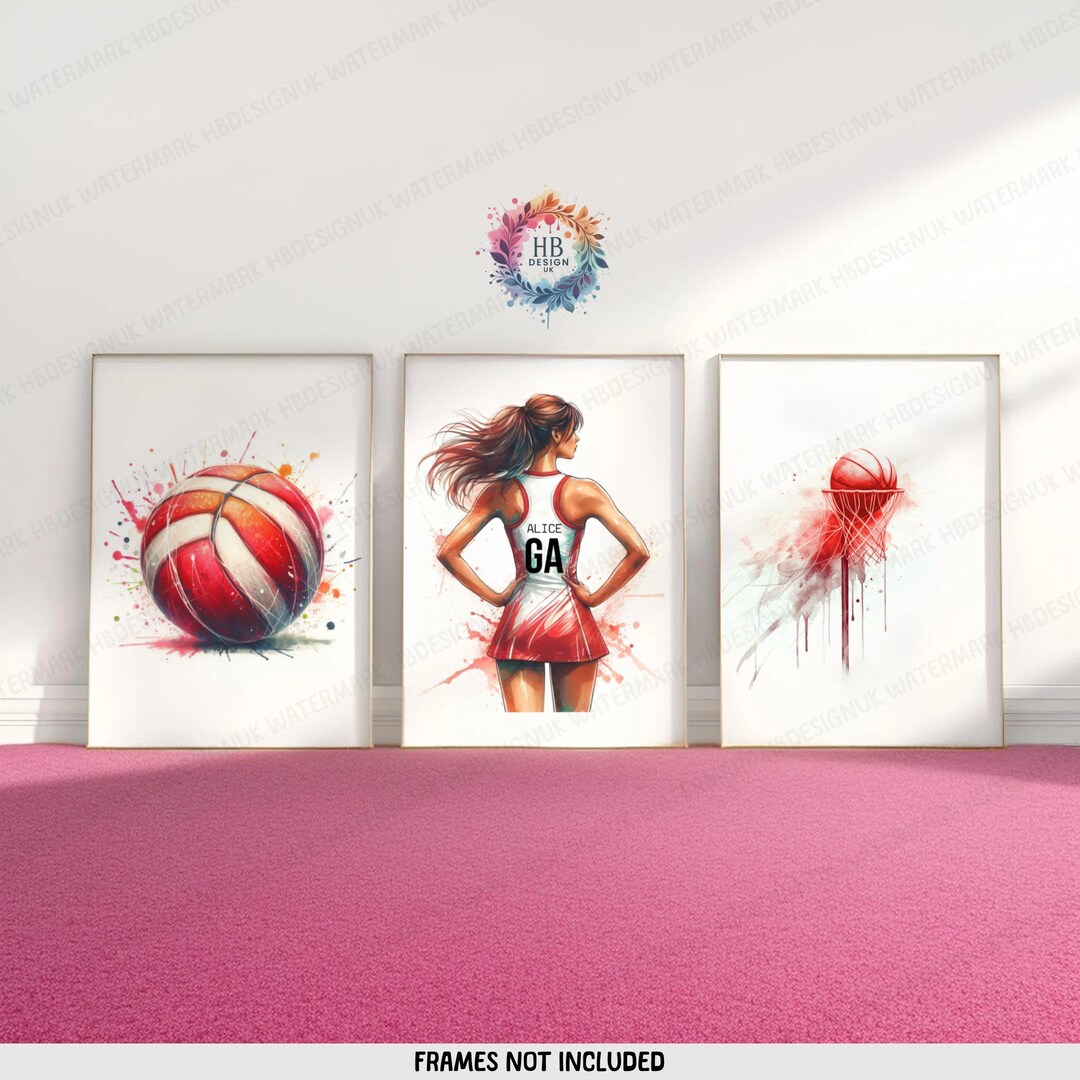 Netball Creative Personalised Netball Art Set - 3 Netballer Prints | Red Custom Girl ...