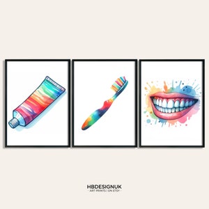 Dentist Wall Art Print Set - 3 Posters | Dental Office Decor | Colourful Orthodontic Clinic Art | Watercolour Prints | Teeth Hygiene Gift