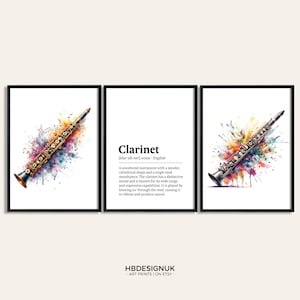 Clarinet Watercolour Art Print - Set of 3 Music Artwork |  Music Watercolor Poster | Wall Art Musician | Instrument Picture Decor Room Gift