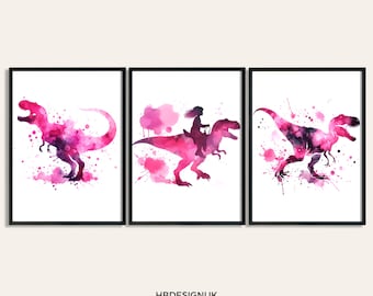 T レックス恐竜プリントポスター - 水彩レッドウォールプリント 3 枚セット | ティラノサウルスの絵画 | 女の子へのギフト | アートワーク装飾 | 恐竜アート