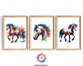 Conjunto de 3 pôsteres de cavalos em aquarela | Impressões de pôneis | Decoração para quarto de menina | Arte minimalista | Presente colorido