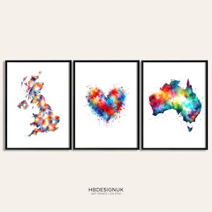 Van VK naar Australië: gepersonaliseerde kaartposter | Kaarten muurkunst | Aangepaste kamerdecoratie | Britse print | Aquarelontwerp voor reizen | Koppelkunstwerk