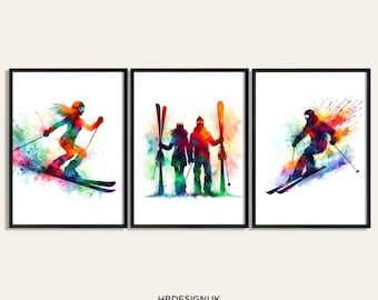 May include: A set of three watercolor paintings depicting skiers in colorful splashes of paint. The first painting shows a woman skiing down a slope, the second shows a couple standing together with their skis, and the third shows a skier in mid-air.