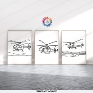 Minimalist Helicopter Posters - Set of 3 Prints | Boys Bedroom Decor | Aircraft Wall Art | Line Drawing Style Print | Aviation Poster Gifts