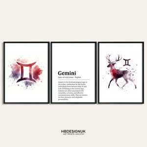 Gemini Zodiac Print  - Set of 3 Posters | Watercolour Gemini Gift | Astrology Paintings | Star Sign Wall Art | Artwork Decor for Her
