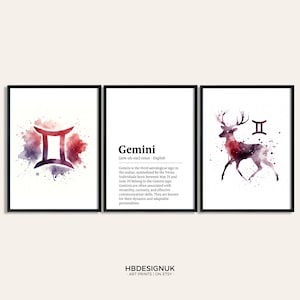 Gemini Zodiac Print  - Set of 3 Posters | Watercolour Gemini Gift | Astrology Paintings | Star Sign Wall Art | Artwork Decor for Her