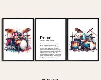 Drum Kit Watercolour Art Print - Set of 3 Music Artwork | Drums Watercolor Poster | Wall Art Musician | Instrument Picture Decor Room Gift