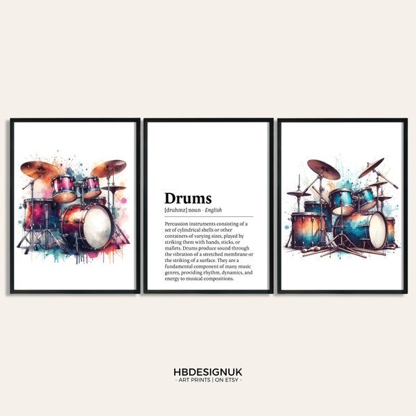 Impression d'art aquarelle kit de batterie - lot de 3 oeuvres d'art | Poster aquarelle de batterie | Art mural musicien | Image d'instrument, cadeau de chambre