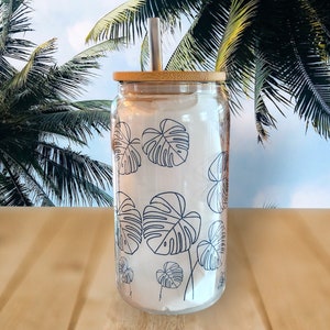 16 oz Monstera Leaf Libbey Glass with Straw