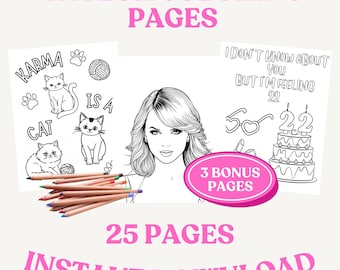 Peut inclure: Un ensemble de 25 pages à colorier imprimables mettant en scène Taylor Swift. Les pages comprennent des illustrations de Taylor Swift, de chats et d'un gâteau d'anniversaire avec le texte "Je ne sais pas pour vous mais je me sens 22".