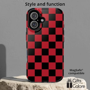 Funda para iPhone a cuadros (rojo, negro y blanco) MagSafe para iPhone 15, 16 y Pro Max. Regalo unisex para él y ella. Funda con estampado de ajedrez.