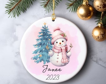 Snowman Child Ornament, Snowman Family Name Ornament, Personalized Snowman Name Ornament, First Christmas Snowman Ornament, Pink Snowman