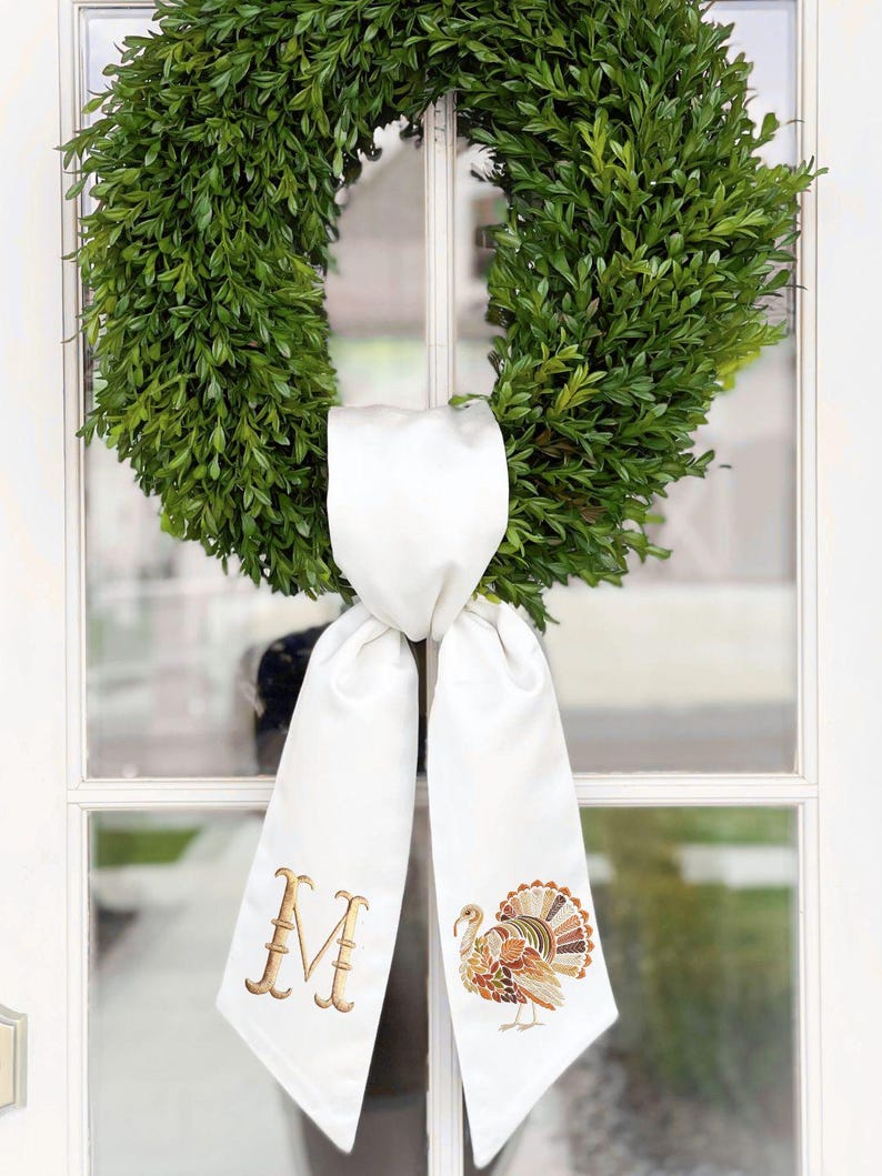 Thanksgiving Wreath Sash: Embroidered Turkey, Monogrammed Fall Decor