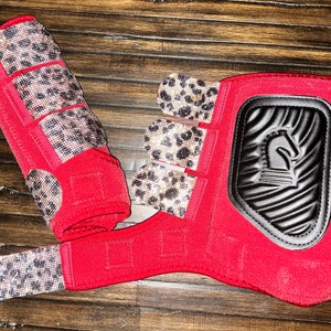Bling leopard, bright red front Classic Equine Brand front splint boots! Pick your horse’s size!