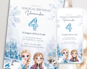 Invitación de cumpleaños de Elsa Frozen: Plantilla editable de Canva de princesa de hielo + Clipart de números extra y cartel de bienvenida