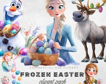 Frozen Elsa, Anna, Olaf and Svan Easter Clipart: Watercolor Characters, Decorations (Digital Download)
