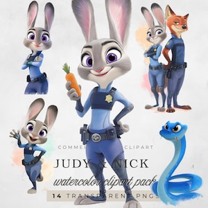 Puede incluir: Pack de imágenes prediseñadas de acuarela con los personajes Judy Hopps y Nick Wilde de Zootopia. Judy, una coneja gris, lleva un uniforme de policía y sostiene una zanahoria. Nick, un zorro, también lleva uniforme. Incluye una serpiente azul. Texto: JUDY & NICK.