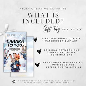 May include: A gift tag with the text "What is Included?" and "Gift Tag SIZE: 2x3.5in". The tag is accompanied by a card featuring cartoon characters and the words "Thanks to You". The design includes watercolor clip art.