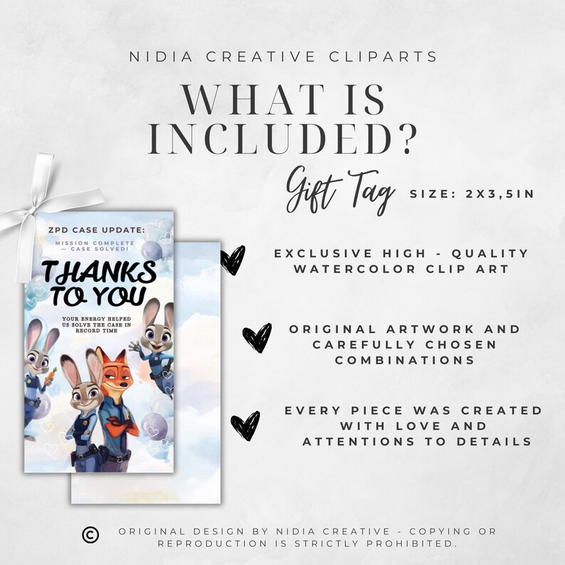 May include: A gift tag with the text "What is Included?" and "Gift Tag SIZE: 2x3.5in". The tag is accompanied by a card featuring cartoon characters and the words "Thanks to You". The design includes watercolor clip art.