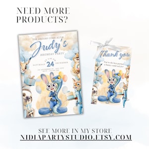 May include: Two party invitation cards and a thank you card with cartoon animal characters. The invitation reads "Judy's Birthday Party" with the date and time. The thank you card has a white ribbon.