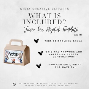 Puede incluir: Una plantilla digital de caja de regalo beige con asa, con una imagen de dibujos animados y el texto "THANKS TO YOU". Tambi&eacute;n es visible el texto "WHAT IS INCLUDED? Favor box Digital Template 15.2 x 7.6 cm".